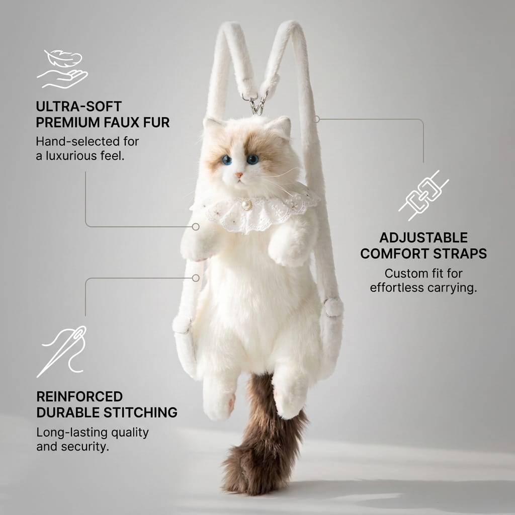 Ragdoll Cat Plush Backpack — Cute Realistic Kitty Bag