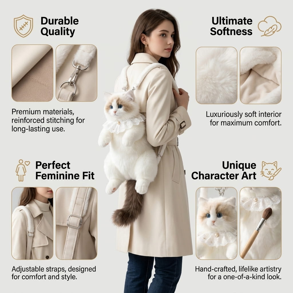 Ragdoll Cat Plush Backpack — Cute Realistic Kitty Bag