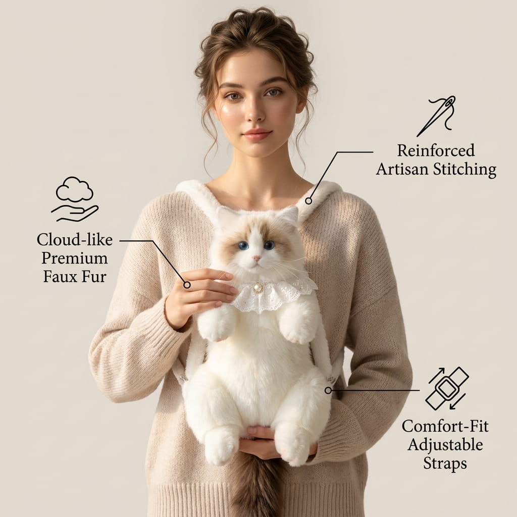Ragdoll Cat Plush Backpack — Cute Realistic Kitty Bag