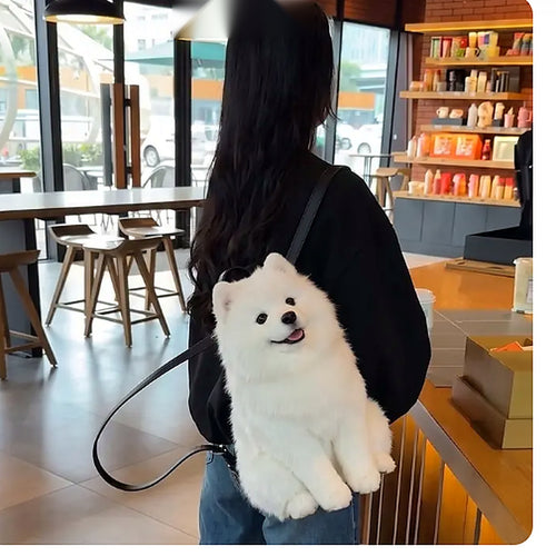 PupPal™ Realistic Samoyed Dog Backpack — Worn on Back Lifestyle